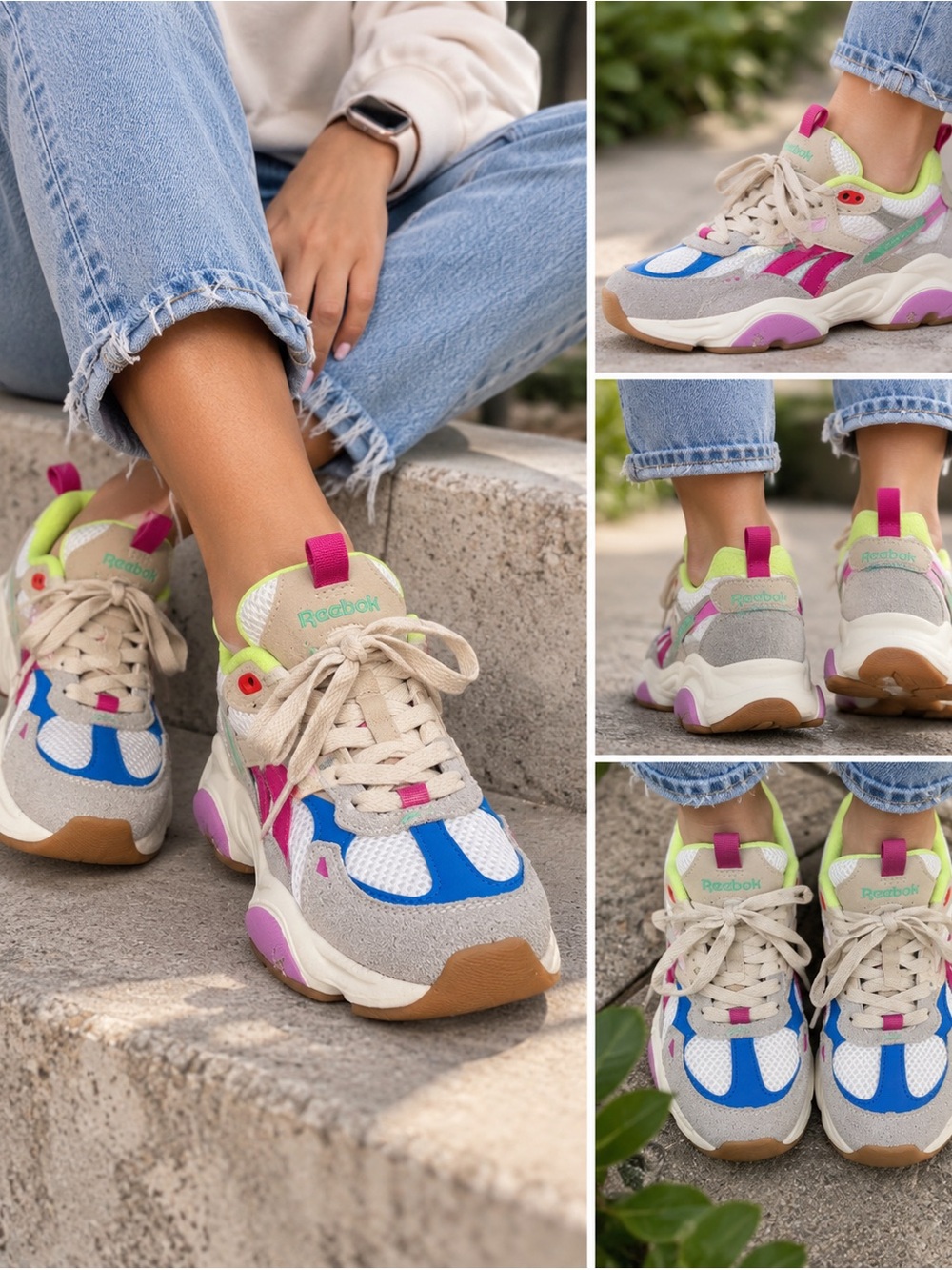 Reebok Women's Beige, Blue, Pink & Neon Green Chunky Sneakers